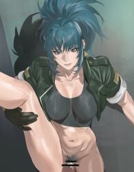 bar_censor black_gloves blue_eyes blue_hair breasts censored covered_nipples cum earrings erection female gloves highres jacket jewelry leg_up leona_heidern navel no_pants open_clothes open_jacket partially_visible_vulva penis ponytail pubic_hair pussy sex short_sleeves standing standing_on_one_leg taiyang_yu the_king_of_fighters triangle_earrings vaginal_penetration