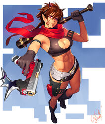 abs brown_hair cleavage_cutout club_(weapon) female gloves gun horns looking_at_viewer ogami oni pistol pointy_ears scarf solo standing trigger_discipline weapon