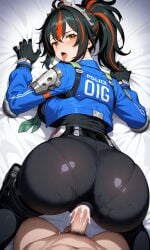 ai_generated big_ass black_hair cowgirl_position focus_on_ass hoyoverse orange_eyes pixai police_uniform red_hair two_tone_hair zenless_zone_zero zhu_yuan