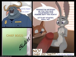 4:3 absurd_res anthro at_work breasts canid canine chief_bogo clothing comic dialogue disembodied_penis disney english_text female fluffytuft fox group hi_res humanoid_penis judy_hopps lagomorph leporid male mammal nick_wilde nipples nude penis pussy rabbit small_breasts speech_bubble text unprofessional_behavior zootopia