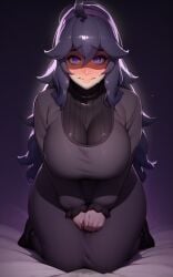 11_22 ai_generated bed blush dress embarrassed game_freak hairband hex_maniac huge_breasts kneeling large_breasts long_hair looking_at_viewer nervous pale_skin pokemon pokemon_xy purple_eyes purple_hair sweat sweater v_arms very_long_hair