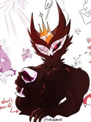 1boy anthro avian beak bird brown_feathers claws demon dilf feathers helluva_boss male mature_male muscular muscular_male nude owl paimon_(helluva_boss) pecs simple_background solo