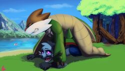 16:9 2019 alternate_color anal anal_sex anthro chesnaught clenched_teeth detailed_background dewott duo hi_res kite512 lying male male/male male_only male_penetrating nic_(dewott) nintendo original_character otter penetration pinned pokémon_(species) pokemon pokemon_(species) pokemon_bw pokemon_xy purple_eyes rodent sex teeth video_games