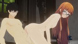 1boy 1girl1boy 1girls ass glasses joker_(persona) looking_pleasured nude orange_hair persona persona_5 princeluca ren_amamiya riding riding_penis sakura_futaba spanking squatting tagme video