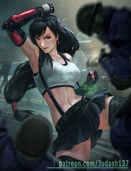 1girls 3boys armpits arms_up bare_arms bare_shoulders black_hair bracelet breasts cleavage clenched_hands collarbone crop_top earrings fantasy female fighting_stance final_fantasy final_fantasy_vii fingerless_gloves gloves jewelry judash137 kicking large_breasts light-skinned_female light_skin long_hair looking_at_viewer midriff miniskirt navel open_mouth parted_lips pleated_skirt ponytail red_eyes skirt smile solo square_enix tank_top thighhighs thighs tifa_lockhart toned very_long_hair