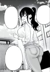 2.5_jigen_no_ririsa abe_marina ass ass_focus big_ass black_and_white black_hair breasts casual_outfit glasses hashimoto_yuu huge_breasts jeans long_hair long_sleeves manga official_art outdoors parted_lips ponytail shirt smile standing thick_thighs thighs white_shirt