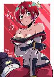 1girls absurdres amate_yuzuriha aqua_eyes beanie blush breasts gundam gundam_gquuuuuux haro hat highres looking_at_viewer mecha_pilot_suit red_hair robot science_fiction shinonome_mozuku short_hair solo undressing