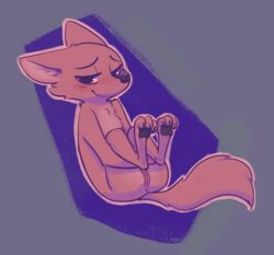 2019 abstract_background anthro anus arctic_fox ass blush canid canine cheek_tuft chest_tuft disney elbow_tufts female flat_chest fox fuel_(artist) grey_background half-closed_eyes head_tuft holding_legs mammal nude pawpads purple_background pussy simple_background sitting skye_(zootopia) smile solo tuft zootopia