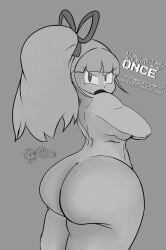 1girls angry angry_face ass ass_focus big_ass black_and_white bow female greyscale mega_man nude nude_female ponytail roll text twinerva