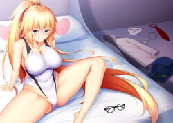 chaldea_(fate/grand_order) clothes_on_floor clothes_removed covered_nipples fate/grand_order fate_(series) glasses inviting jeanne_d'arc jeanne_d'arc_(fate) jeanne_d'arc_(swimsuit_archer) one-piece_swimsuit sitting_on_bed swimsuit tagme zuizhong