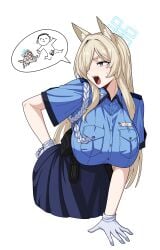 1boy absurdres animal_ears blonde_hair blue_archive blue_eyes breasts canine censored dog_ears doodle_sensei_(blue_archive) female formicid gloves hair_over_one_eye highres kanna_(blue_archive) large_breasts mosaic_censoring police police_uniform sensei_(blue_archive) sharp_teeth simple_background teeth white_background white_gloves