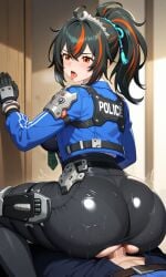 ai_generated big_ass black_hair cowgirl_position focus_on_ass hoyoverse orange_eyes pixai police_uniform red_hair two_tone_hair zenless_zone_zero zhu_yuan