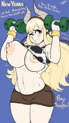 big_breasts blush bouncing_breasts cow_print fakeryway huge_breasts my_hero_academia sweat sweaty_breasts thick_thighs tsunotori_pony wardrobe_malfunction weights