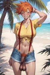 ai_generated blush blush closed_eyes dark_balls dark_penis flaccid foreskin futanari hairy hairy_balls happy_trail kasumi_(pokemon) nipple_bulge orange_hair plumpthlump pokemon pubic_hair saggy_balls shorts smile smiling suspenders toned toned_futa