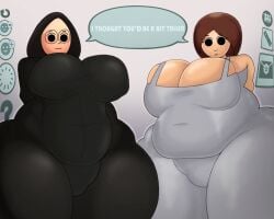 2025 2d 2d_(artwork) 2girls :| bbw belly belly_bulge big_breasts big_thighs black_hair breasts brown_hair chubby chubby_belly chubby_female colonbey erect_nipples erect_nipples_under_clothes eyelashes gigantic_thighs glasses huge_breasts huge_thighs large_breasts large_thighs looking_at_viewer looking_down massive_breasts massive_butt massive_thighs mii mii_channel nintendo nintendo_wii npc oc original_character original_characters shiny_ass shiny_butt shiny_hair shiny_skin short_hair taller_girl text text_bubble thick_thighs thighs