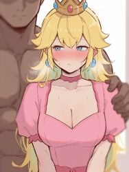 after_orgasm after_sex blonde_female blonde_hair blue_eyes blush blush choker dark-skinned_male dress faceless_character faceless_male hand_on_shoulder holding_female implied_sex mario_(series) messy_hair netorare ntr post_sex princess_peach steam steaming_body sweat visible_breath