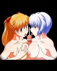 1boy 2girls asuka_langley_sohryu breast_press breasts cum cumshot double_paizuri ejaculation ffm_threesome grabbing_own_breast hand_on_breast neon_genesis_evangelion paizuri penis rei_ayanami thong threesome titjob tongue_out