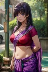 1girls ai_generated belly_button black_hair exposed_torso large_breasts light-skinned_female light_skin long_hair mature_female metal264 midriff navel red6161 saree sari