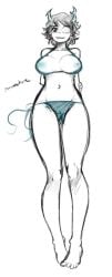 2010s 2014 alien alien_girl aranea_serket artist_name asymmetrical_horns belly_button big_breasts bikini black_hair blue_bikini blue_eyes blue_nipples breasts_out cameltoe fangs feet female glasses grabbing_own_breast homestuck homestuck_troll horns looking_at_viewer monochrome ms_paint_adventures navel necklace nipples pointy_ears pornventure short_hair side_tie_bikini solo thighs worms-eye_view