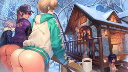 ass blonde_hair cottage_(building) cup grin hoodie jacket multiple_girls no_pants ogami outdoors short_hair steam winter witch_hat