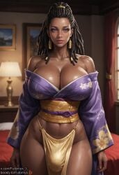 1futa ai_generated boosty boosty_username bulge dark_skin dickgirl dreadlocks futanari futornyx hi_res high_resolution highres huge_balls huge_breasts indoors kimono large_breasts shemale shiny_skin solo tagme thick_thighs twitter_username wide_hips