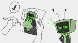 ? anon antennae_(anatomy) black_body dandy's_world drawing floating_hands green_antennae green_bodysuit green_bowtie green_eyes huge_breasts huge_thighs pen pointing questioning simple_background stregaz173341 tagme teasing tv_head v_sign vee_(dandy's_world)