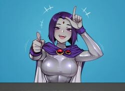 ai_generated big_ass big_breasts cape curvy dc dc_comics female female_focus goth goth_girl leotard loser loser_gesture raven_(dc) rcos sexy solo solo_female solo_focus