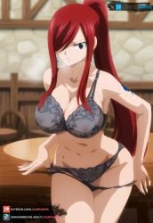 ai_generated big_breasts brown_eyes curvy erza_scarlet fairy_tail fairy_tail_100_years_quest female juanpiamvs lingerie_only long_hair nipples patreon patreon_username ponytail red_hair subscribestar subscribestar_username tied_hair watermark