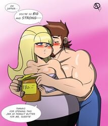 big_breasts blonde_hair blush breasts cleavage couple dipper_pines disney disney_channel frostbiteboi gravity_falls huge_breasts muscles pacifica_northwest peanut_butter six_pack speech_bubble straight_hair