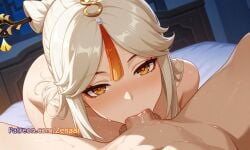 1boy 1girls ai_generated bangs bed bedroom blush deepthroat fellatio female genshin_impact hair_ornament hoyoverse long_hair looking_at_viewer mihoyo ningguang_(genshin_impact) nude oral patreon penis pov solo_focus straight sweat wet zenaai