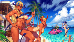 4girls beach censored demon_girl demon_horns horns lifting ocean ogami outdoors sky star_censor tanline tanned wet