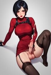 ada_wong ai_generated big_breasts big_penis black_hair brown_eyes cock colored cum cumming dick fluids futanari futanari/female game masturbation penis resident_evil sexy sexy_body sexy_pose testicles white_body white_girl white_skin