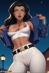 , 1girls ai_generated artist_name ass_visible_through_thighs bare_shoulders belt black_belt black_hair blue_eyes blue_jacket breasts cameltoe collarbone contrapposto cowboy_shot crop_top dark-skinned_female dark_skin dc dc_comics dcau hi_res jacket jewelry long_hair looking_at_viewer medium_breasts midriff navel necklace night night_sky nipples open_clothes open_jacket open_mouth outdoors pants patreon_logo patreon_username rule34lab sky solo standing tank_top tongue tongue_out white_pants wonder_woman wonder_woman_(series)