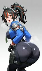 big_ass black_hair focus_on_ass hoyoverse orange_eyes pixai police_uniform red_hair two_tone_hair zenless_zone_zero zhu_yuan