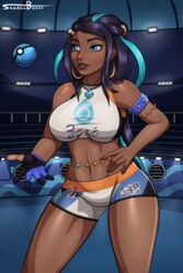 1girls abs arena armpits bare_shoulders belly big_breasts blue_eyes blue_hair blue_nails bracelet breasts clothed dark-skinned_female dark_skin dive_ball earrings eyelashes eyeshadow female female_only gloves hoop_earrings human jewelry long_hair looking_away makeup navel necklace nessa_(pokemon) nintendo poke_ball pokemon pokemon_ss shadowboxer shirt shorts smile solo spread_legs standing teeth text thick_thighs thigh_gap watermark wide_hips