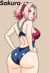 1girls 2:3 ass digital_drawing_(artwork) forehead_mark green_eyes large_ass light-skinned_female light_skin naruto naruto_shippuden one-piece_swimsuit pink_hair sakura_haruno solo swimsuit wide_hips