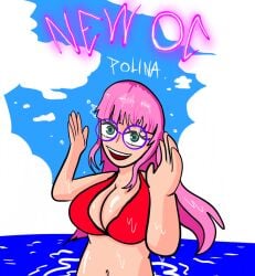 beach glasses green_eyes meme not_porn oc original original_character pink_hair polina_(polisilver) polisilver sea wet