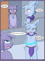 2019 anthro blue_body blue_eyes cape clothing collar comic comic_page english_text felid feline felis female fur green_eyes hi_res jewelry loincloth magic male mammal mostly_nude necklace nude open_mouth page_10 page_number purple_fur pussy restrained ryoku ryoku_(character) text vaatari