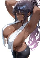 1girls ai_generated armpits arms_behind_head ass black_hair blue_archive breasts dark-skinned_female dark_skin female flyingpancake hi_res hips huge_breasts karin_(blue_archive) long_hair ponytail solo sweat thick_thighs thighs topless towel wide_hips yoga_pants