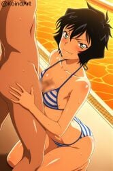 ai_generated bikini brown_hair cleavage detective_conan female flat_chest flat_chested green_eyes koinaart masumi_sera naughty_face paizuri penis pool small_breasts stable_diffusion swimsuit thick_thighs