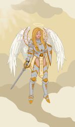 armor armored_boots armored_female armored_gloves blonde_hair cintia_(discreenvision) discreenvision edit inusen long_hair makeup sword the_secret_of_the_house wings