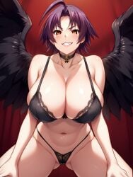 ai_generated angel_wings azuma_marina big_breasts black_bra black_panties black_thong black_underwear black_wings evil_grin grin huge_breasts isogil kashidashi_tsuma_marina_no_"netorase"_houkoku_binkan_tsuma_to_zetsurin_daigakusei purple_hair seductive seductive_look short_hair wings yellow_eyes