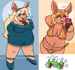 alternate_breast_size alternate_costume anthro bahamutgreen big_belly big_breasts blonde_hair chubby_female fanart fat_female golden_bikini kermit_the_frog miss_piggy multiple_images muppets pig pin_up pink_skin selfie the_muppet_show thick_thighs