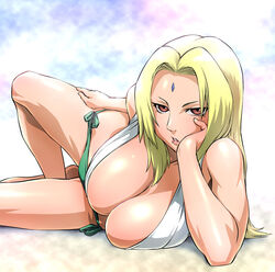 1girls big_breasts blonde_hair bored brown_eyes busty cleavage clothed clothing female female_only forehead_jewel green_panties hand_on_head hand_on_thigh huge_ass huge_breasts human large_breasts legs looking_at_viewer mature mature_female naruto naruto_(series) naruto_shippuden no_pants on_side panties posing seductive side-tie_panties solo source_request tsunade ueyama_michirou voluptuous yellow_hair