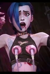 ai_generated arcane arcane_jinx blood blue_hair bondage braided_hair jinx_(league_of_legends) kink league_of_legends milking milking_machine punk_girl rower tagme video