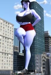 1girls 3d amelie_lacroix big_breasts black_tank_top breasts cars city female female_focus female_only giantess large_boobs large_breasts meiirii overwatch purple_skin purple_skinned_female red_shorts shorts sneakers solo solo_female solo_focus tank_top tanktop thick_thighs thighs widowmaker