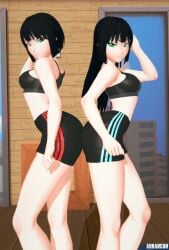 2girls arrancon black_hair black_hair_female green_eyes gym_clothes gym_shorts gym_uniform melanie_malachite miltiades_malachite pose posing rwby small_breasts twins