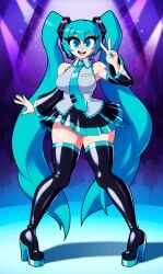 blue_hair eroticphobia hatsune_miku leggings peace_sign skirt vocaloid