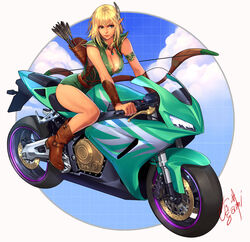 artist_name blonde_hair boots bow cleavage elf female motorcycle ogami original pointy_ears sitting_on_motorcycle solo