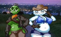 2girls bald bald_female belly belly_button blue_eyes breasts chetoh chubby chubby_female claudia_(chetoh) cleavage clothed clothed_female cloud cloud_humanoid coat cowgirl cowgirl_outfit female female_focus female_only gloves green_body green_eyes grenade gwen_boomhilda hand_on_hip no_mouth orange_scarf original original_character original_characters outside pants photo_background scarf shorts smile smiling smiling_at_viewer white_body
